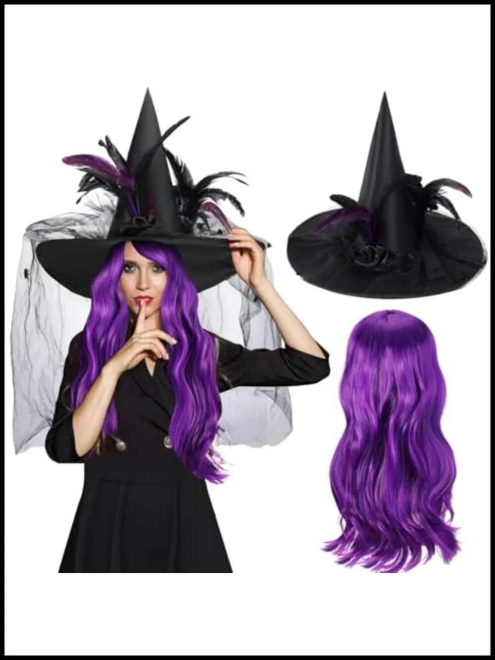 Halloween Witch Hat & Curly Wig Accessory Set for Women Costume